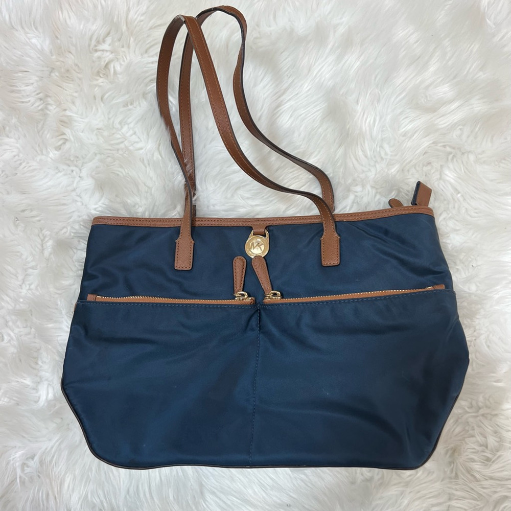 Michael Kors Womens Kempton Tote Bag Navy Blue Outer Pocket Leather Trim M - Picture 1 of 8